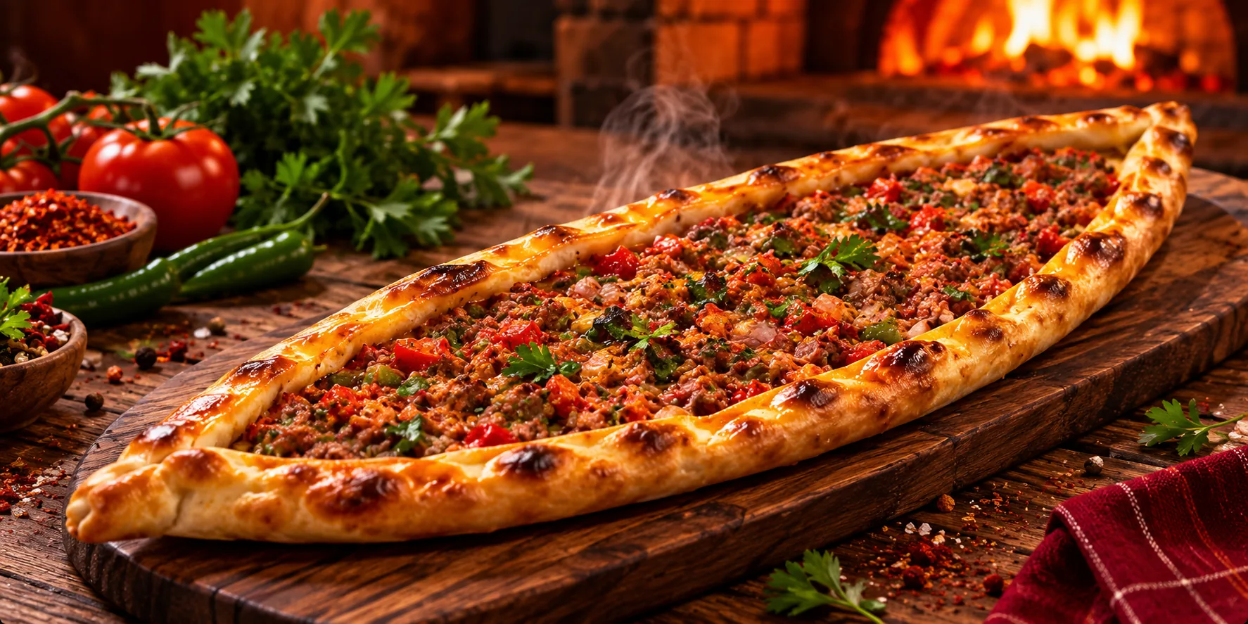 Frisch gebackene Kıymalı Pide auf einem Holzbrett vor dem Steinofen